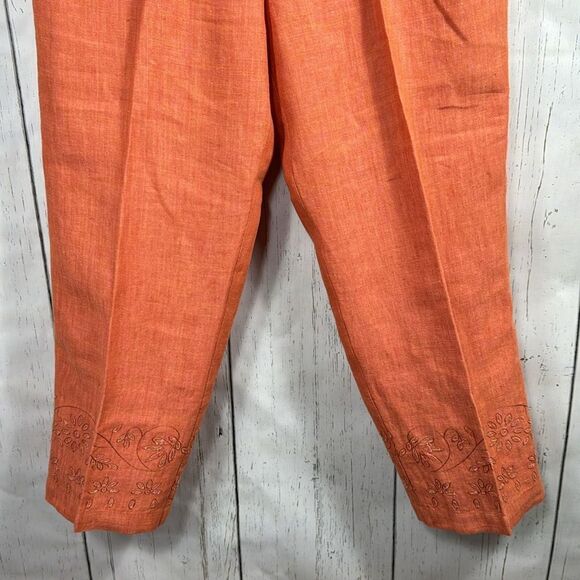 Olsen Sport 100% Linen Embroidered Crop Pants Orange Size 10 Boho Coastal Resort - Picture 7 of 16